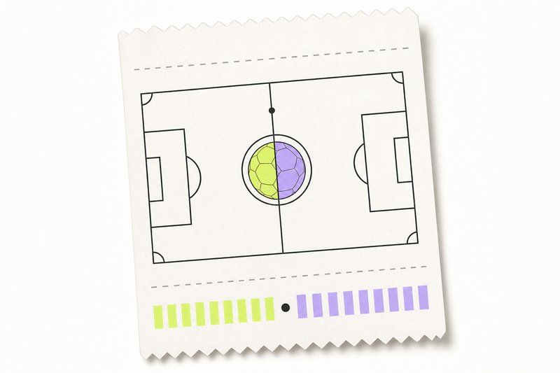 Illustration: Fußballfeld mit einem Ball, der zur Hälfte limettengrün und zur Hälfte lila ist