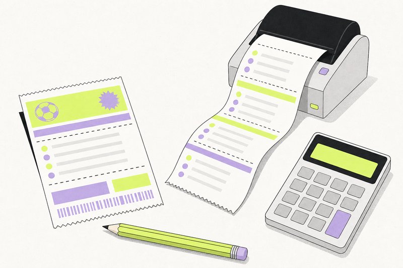 Illustration: Wettschein, Rechenbeleg aus dem Bondrucker, Bleistift und Taschenrechner