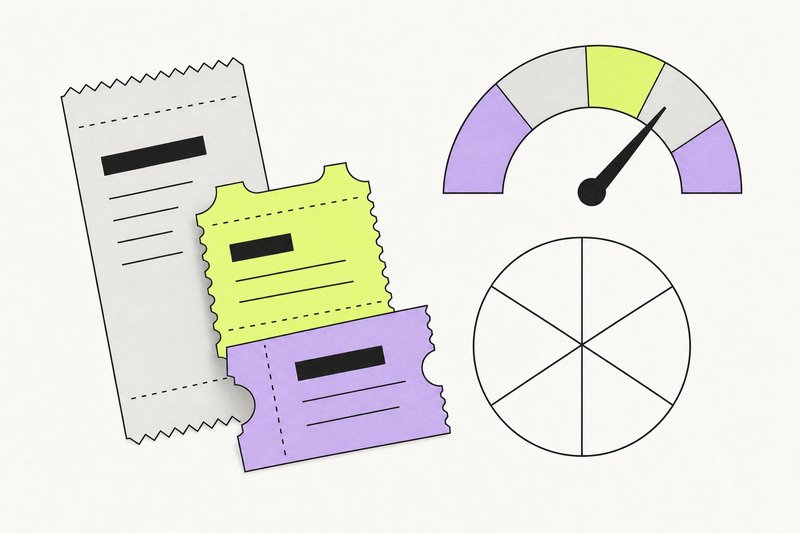 Illustration: drei Wettscheine, eine Skala mit Zeiger und ein Kreisdiagramm für Wahrscheinlichkeiten